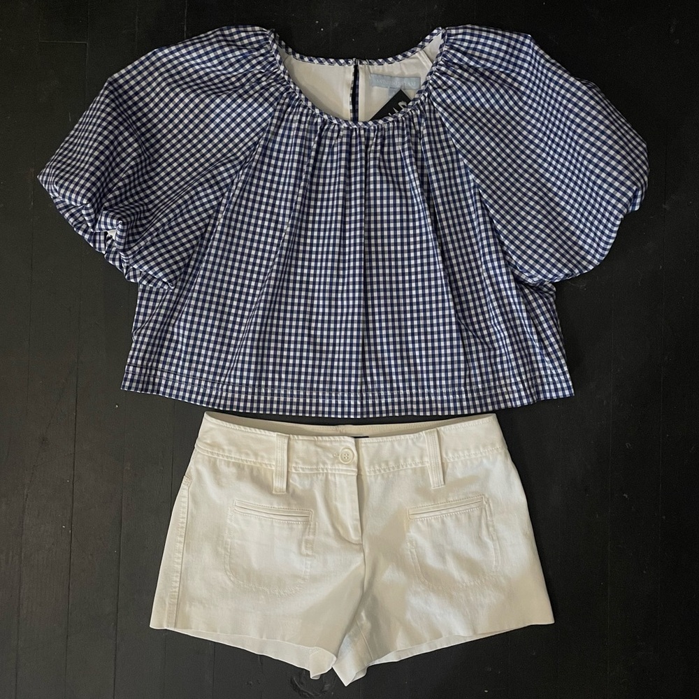 Antonio Melani gingham print top / Express white shorts